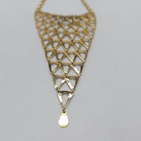 Gold Tone Statement Geometric Bib Necklace With Hexagonal Chain Teardrop Design - Picture 3 of 6